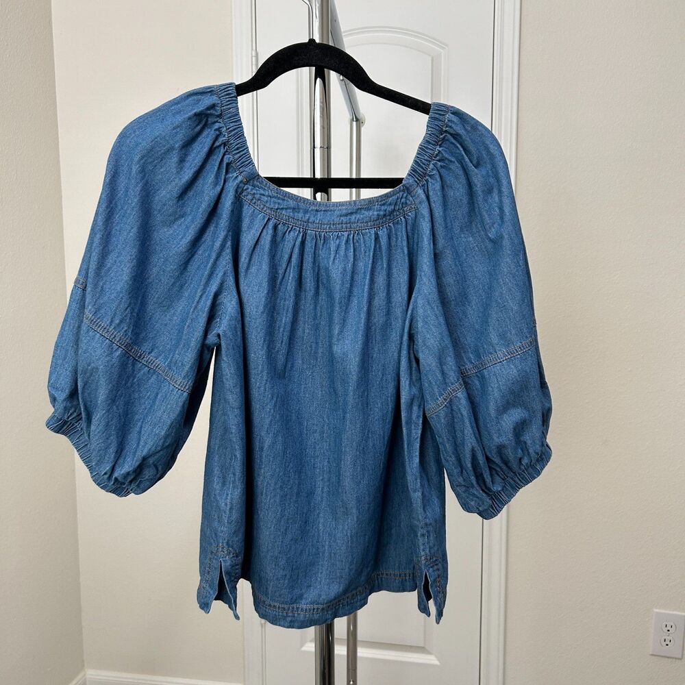 Sundance Denim Blouse Medium Wash Puff Sleeve Square Neck Boho Prairie Small